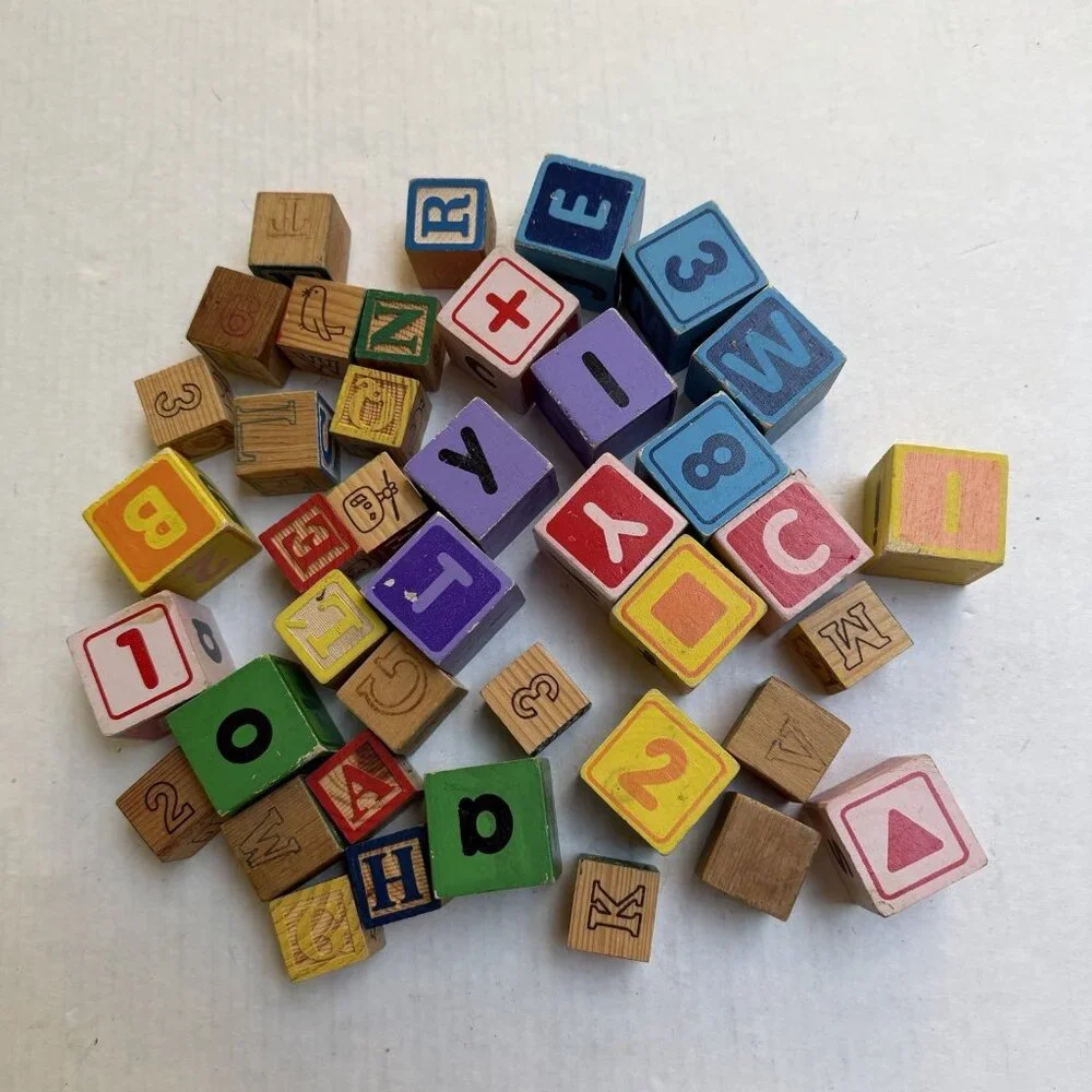 Vintage Alphabet Numbers Animals Wood Stacking Blocks Wood‎ Toys 2 Sizes
